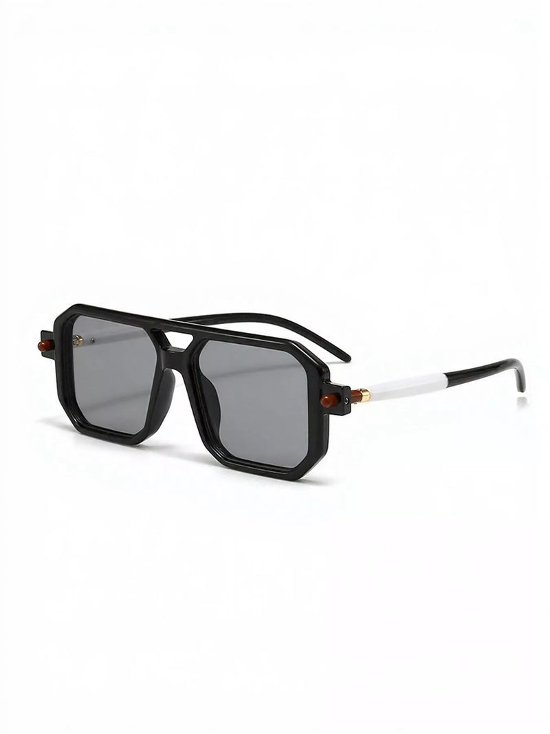 Black square-frame sunglasses with gray lenses and orange accents