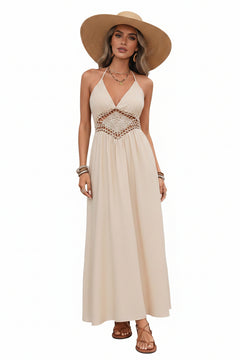Backless halter maxi dress, light beige, with lace crochet panel and flowing skirt