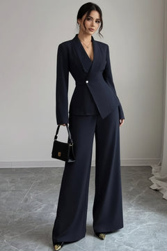 One-button blazer and wide-leg pants set in dark navy, with single-breasted front button.