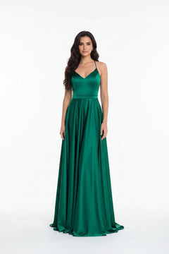 Green halter neck maxi dress with V neckline, fitted bodice, and gathered skirt