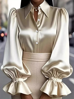 Apricot satin button-up blouse with pointed collar and gathered flounce sleeves