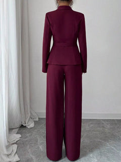 Burgundy blazer and pants set, one-button back, V-shaped peplum jacket, wide-leg trousers