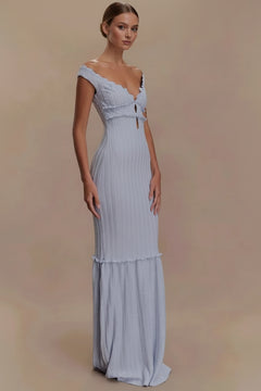 Lavender off-shoulder knit maxi dress with frill neckline and layered tier skirt