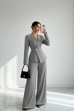 Gray one-button blazer and pants set, tailored blazer with button front and wide-leg trousers.