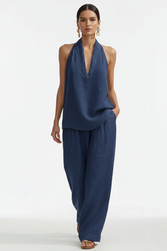 Dark blue halter neck top and wide-leg pants set, sleeveless V halter and wide legs