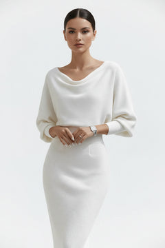 White cowl-neck knit bodycon midi dress with draped neckline and long sleeves