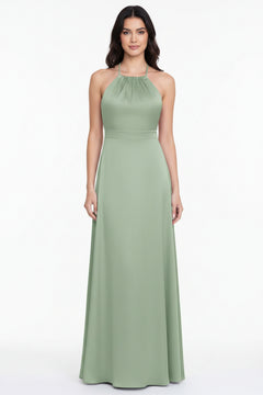 Light green halter neck maxi dress with high neckline and long straight skirt