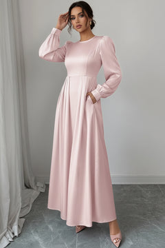 Blush pink satin long sleeve maxi dress with puff sleeves, pleated skirt, crew neck