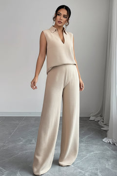 Beige sleeveless V-neck top and wide-leg pants set, textured fabric
