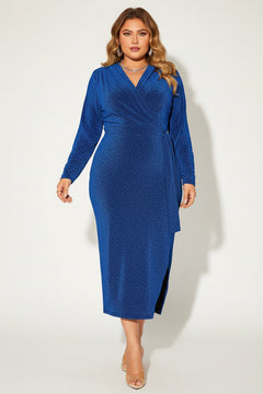 Royal blue plus size surplice neck midi dress with long sleeves and front slit hem