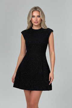 Black textured mini dress, round neck and cap sleeves, fitted bodice, flared skirt