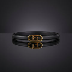 Black leather belt with gold-tone double oval buckle and adjustable holes