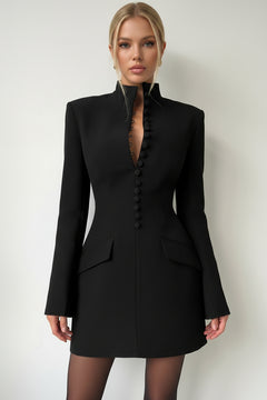 Black button-down blazer dress with structured shoulders, long sleeves, and centered button placket