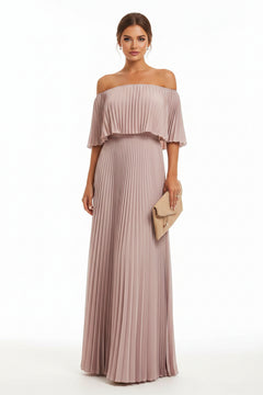 Lotus root off-shoulder pleated maxi dress with draped off-shoulder neckline