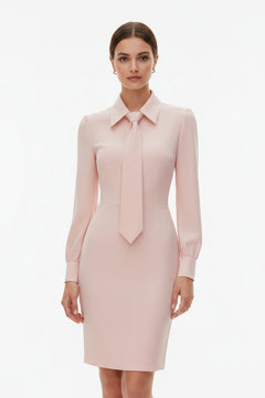 Blush pink tie-neck long-sleeve sheath dress with neck tie and collared neckline