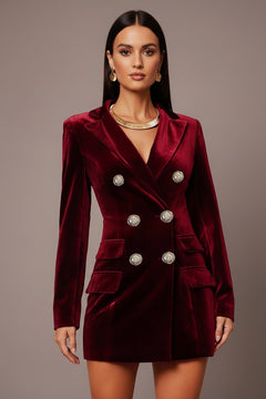 Wine red velvet double-breasted blazer dress with patch pockets and long sleeves