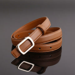 Leather skinny belt with buckle, caramel leather strap with silver rectangular buckle