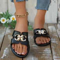 Black buckle decor open toe sandals with thick straps and gold-toned chain buckle