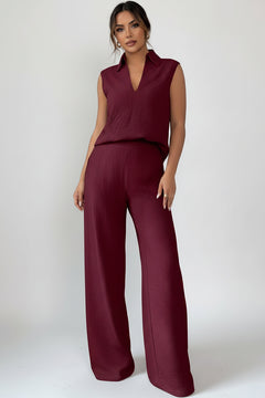 Burgundy sleeveless collared V-neck top with wide-leg pants, front view