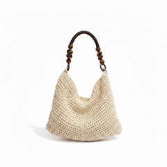 Beige crochet bag with wooden handle 