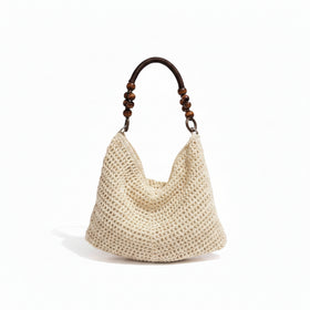 Beige crochet bag with wooden handle 