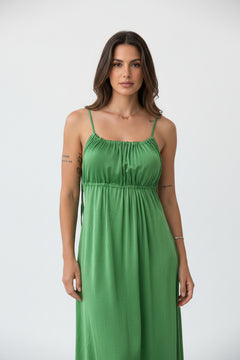 Spaghetti-strap maxi dress with square neckline, ruched bust, green