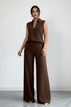 Chocolate sleeveless top and wide-leg pants set, V-neck with collar
