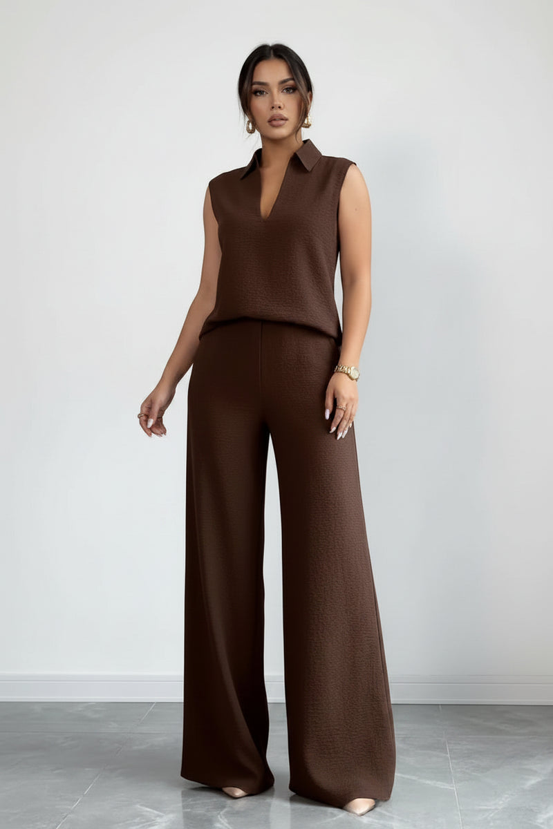 Chocolate sleeveless top and wide-leg pants set, V-neck with collar