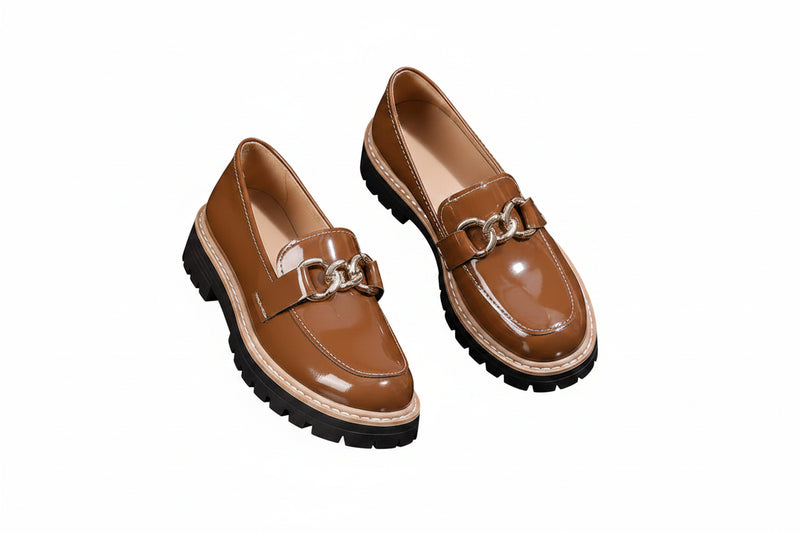 Brown patent leather loafers with chunky sole and chain strap, mid heel