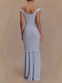 Lavender backless off-shoulder knit maxi dress with frill trim and tiered bottom