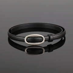 Black skinny leather belt with oval metal buckle and stitched edges