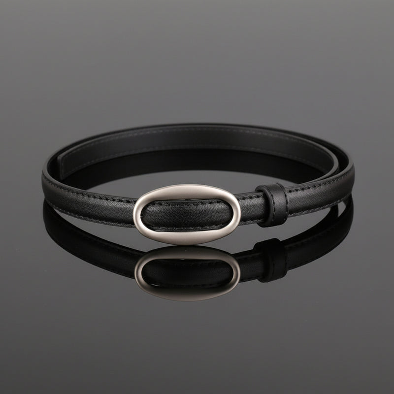 Black skinny leather belt with oval metal buckle and stitched edges