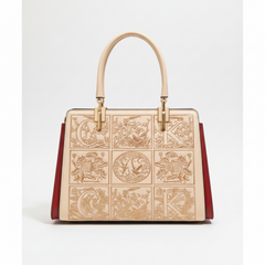 Apricot leather top-handle handbag with embossed front panels and burgundy side trim