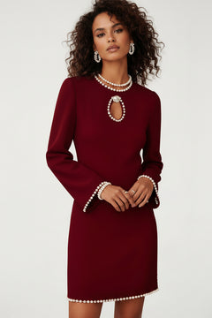Wine red mini dress with keyhole neckline and pearl trim, long sleeves