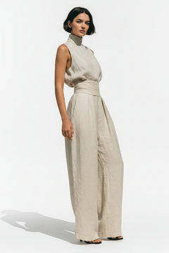 Ivory sleeveless turtleneck top and wide-leg pants set, front view