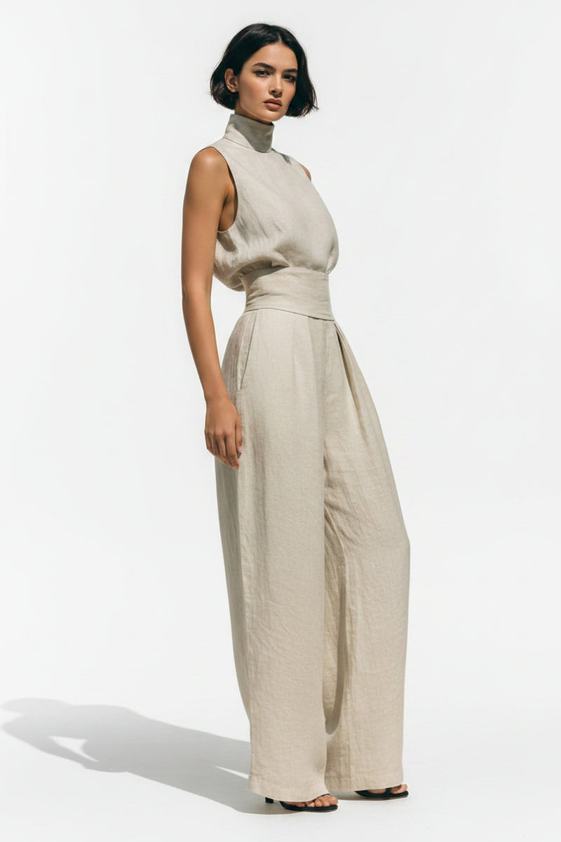 Ivory sleeveless turtleneck top and wide-leg pants set, front view