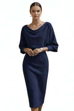 Navy cowl-neck knit bodycon midi dress with draped neckline