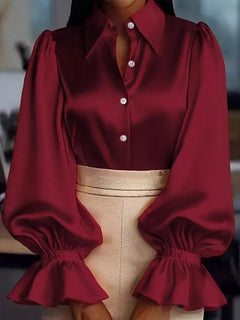 Wine red satin button-up blouse with pointed collar and gathered flounce sleeves