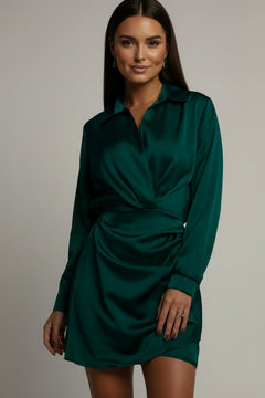 Dark green satin collared long-sleeve wrap dress with V-neck and tie waist, mini