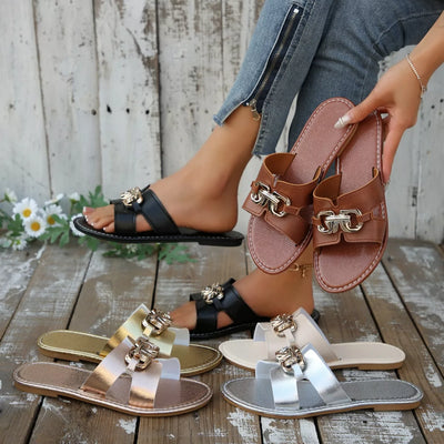 Buckle decor open toe sandals in black and brown, with gold-toned chain buckle detail