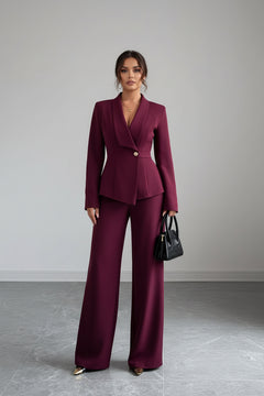 Burgundy one-button blazer and wide-leg pants set, V-neck peplum jacket, flap pockets