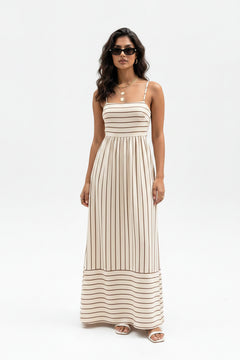Apricot striped spaghetti-strap maxi dress with square neckline and wavy stripe border