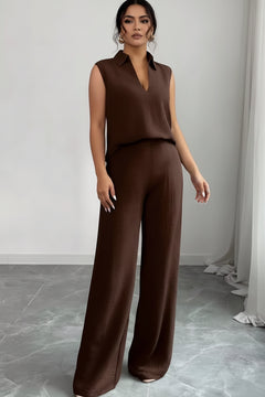 Chocolate sleeveless V-neck top with collar and wide-leg pants, side view