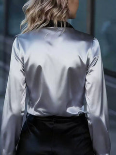Light gray satin button-up long sleeve blouse, back view