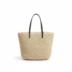 Woven straw tote bag, khaki woven straw with brown handles, upright front view.