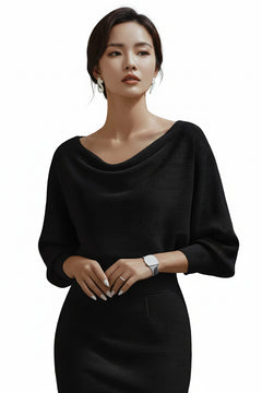 Black cowl neck bodycon midi dress with long sleeves