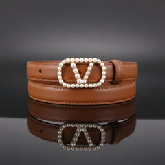 Brown leather belt with pearl-studded VA monogram buckle and stitched strap