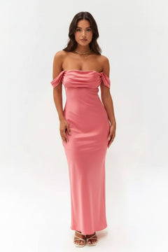 Off-shoulder satin maxi dress, pink, straight fitted silhouette with gathered bodice
