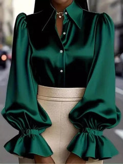 Green satin button-up blouse with pointed collar and gathered flounce sleeves