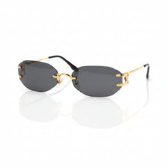 Oval rimless sunglasses with gold frame, dark lenses, black temples.